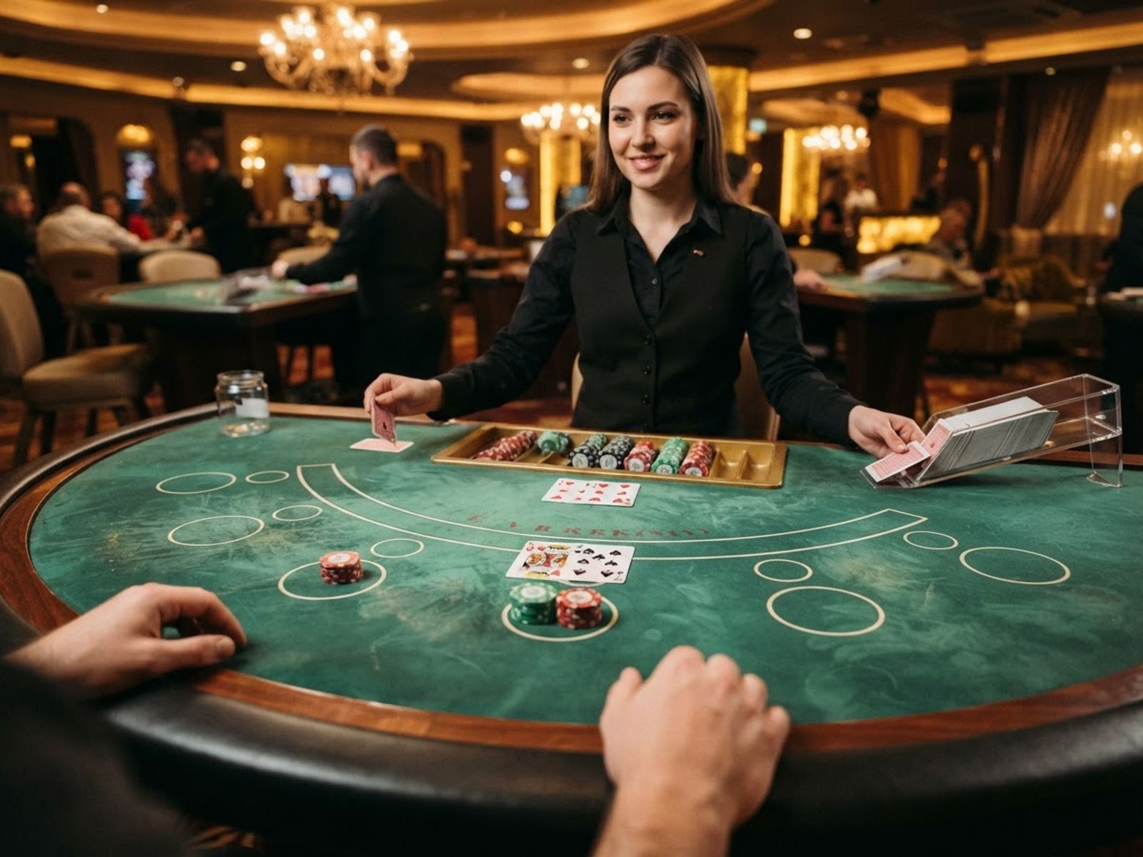 Live blackjack table with cards dealt on green felt