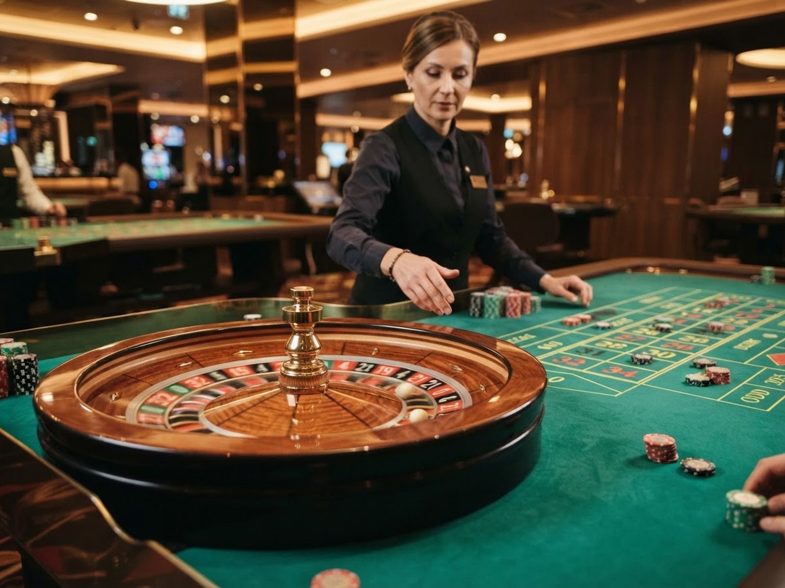 Live roulette wheel spinning in casino studio