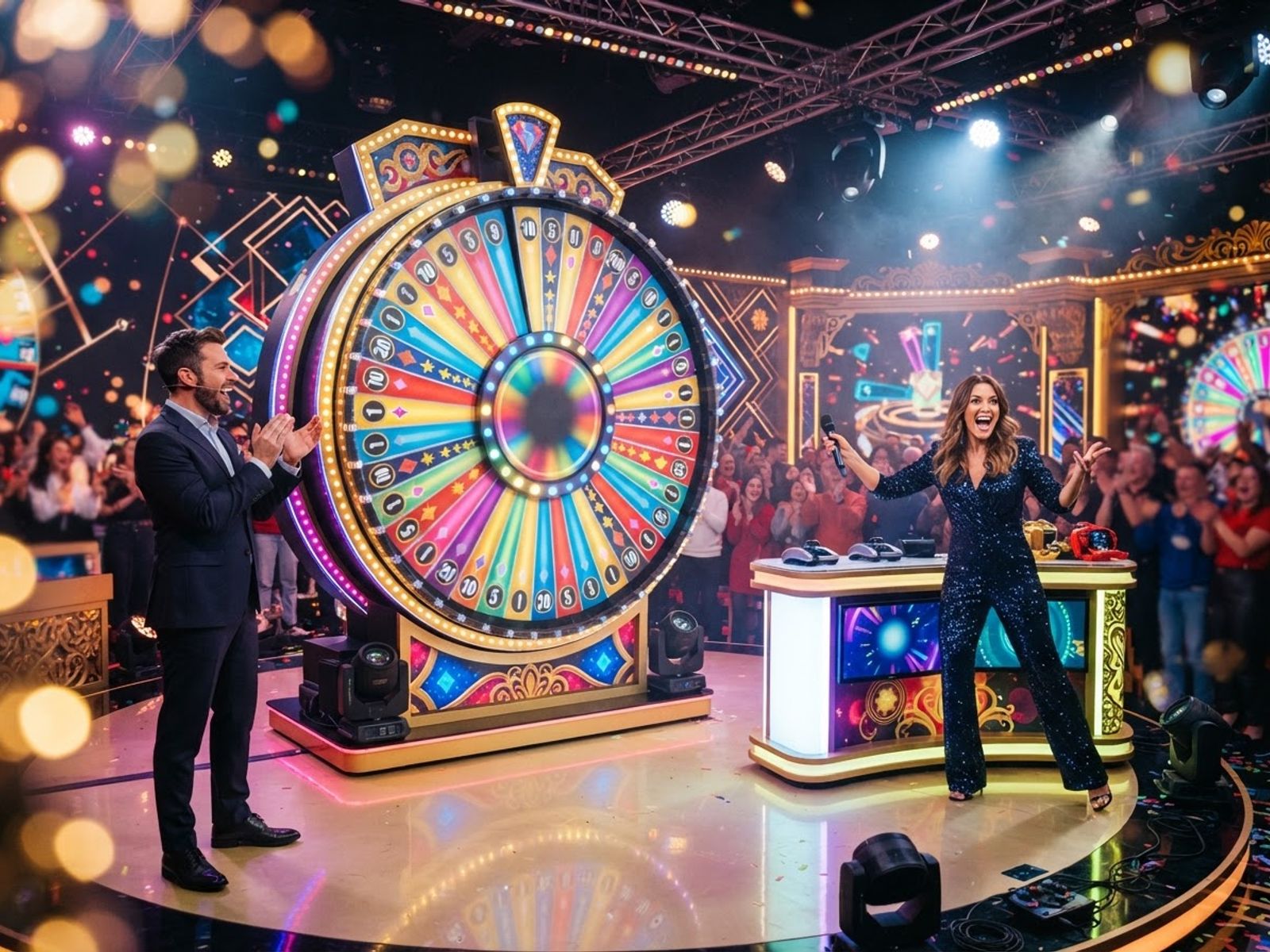 Live casino game show studio with spinning wheel