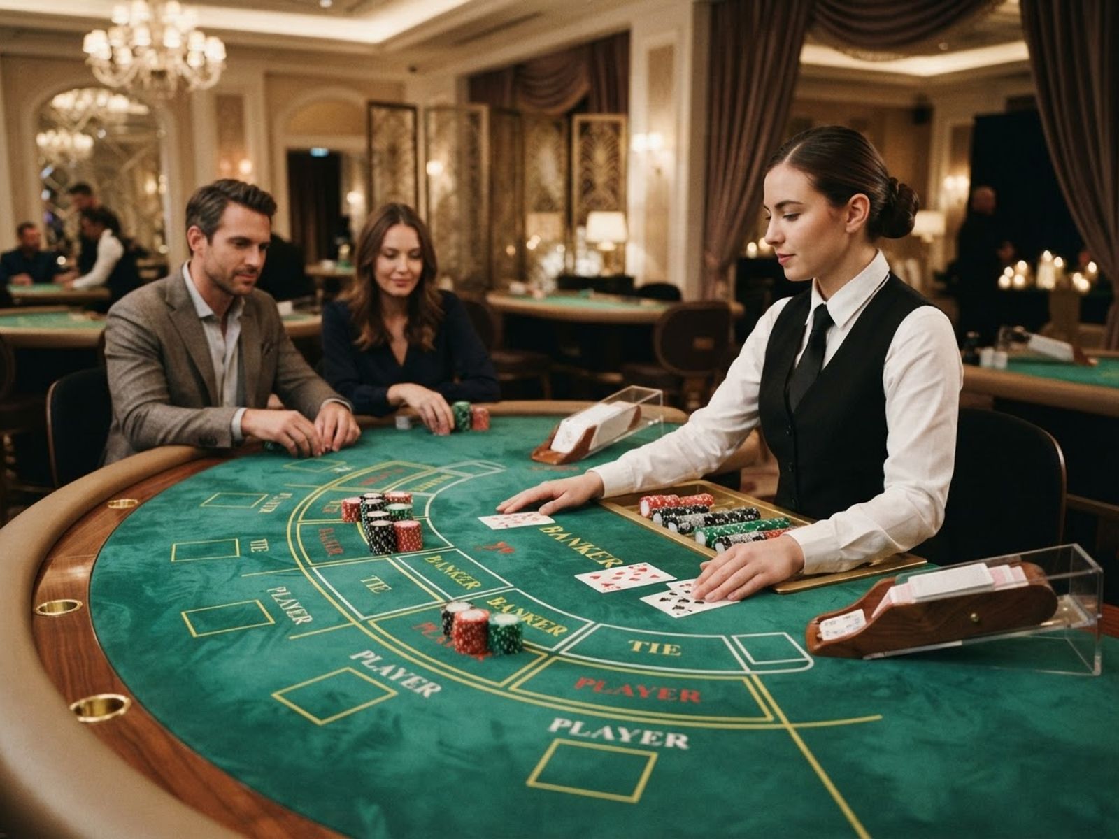 Live baccarat table with chips and cards on felt